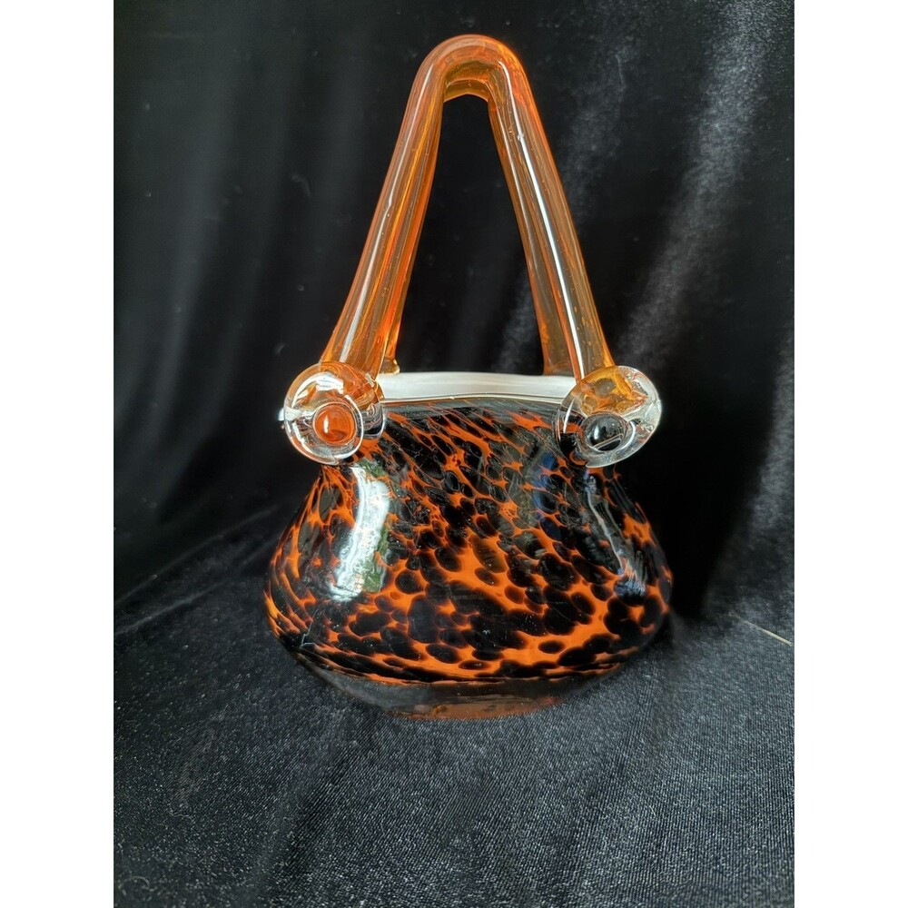 VINTAGE LEOPARD HAND BLOWN GLASS HAND BAG VASE PLANT FLOWER POT READ
